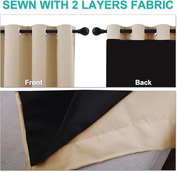 NICETOWN Bedroom Full Blackout Curtain Panels, Super Thick Insulated Grommet Drapes, Double-Layer Blackout Draperies with Black Liner for Small Window (Set of 2 Pcs, 37 by 63-inch, Biscotti Beige)