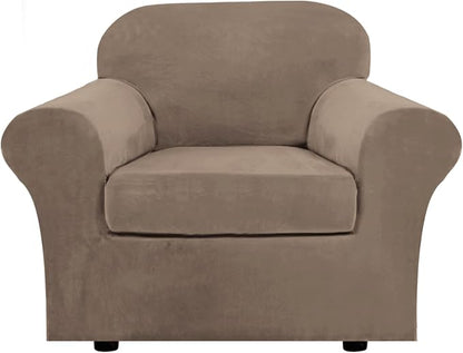 H.VERSAILTEX Rich Velvet Stretch 2 Piece Cover Chair Slipcover Sofa Cover Furniture Protector Couch Soft with Elastic Bottom Chair Couch Cover Width Up to 49 Inch (Chair, Mocha)