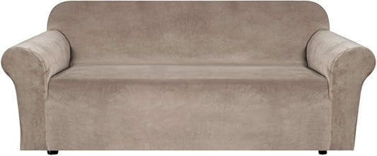 H.VERSAILTEX Stretch Velvet Sofa Covers for 3 Cushion Couch Covers Sofa Slipcovers Furniture Protector Soft with Non Slip Elastic Bottom, Crafted from Thick Comfy Rich Velour (Sofa 72"-90", Taupe)