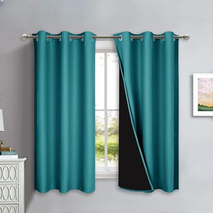 NICETOWN 100% Blackout Short Curtains with Black Liners, 2 Panels, 37" W by 60" L, Peacock Teal, Solid Thermal Insulated Full Blackout 2-Layer Lined Drapes, Energy Efficiency Window Drapes for Bedroom