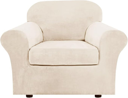 H.VERSAILTEX Rich Velvet Stretch 2 Piece Cover Chair Slipcover Sofa Cover Furniture Protector Couch Soft with Elastic Bottom Couch Cover Width Up to 49 Inch 85% Polyester 15% Spandex (Chair, Cream)