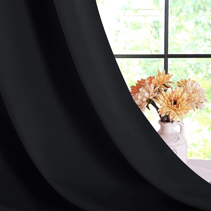 NICETOWN Bathroom Blackout Curtains and Drapes, Black Solid Thermal Insulated Grommet Blackout Drapery Panels for Window (2 Panels, 70 inches Wide by 63 inches Long, Black)