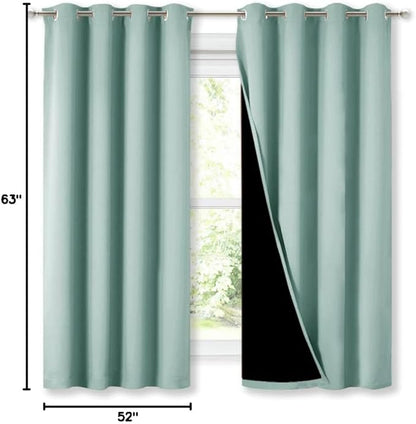 NICETOWN Aqua Blue 100% Blackout Lined Curtains, 2 Thick Layers Completely Blackout Window Treatment Thermal Insulated Drapes for Kitchen/Bedroom (1 Pair, 52" Width x 63" Length Each Panel)