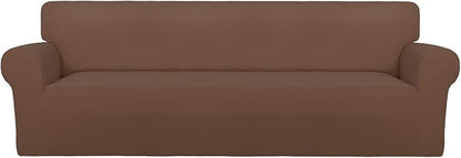 PureFit Super Stretch 4 Seater Sofa Slipcover – Spandex Non Slip Soft Couch Sofa Cover, Washable Furniture Protector with Non Skid Foam and Elastic Bottom for Kids, Pets （XX Large, Brown）