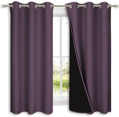 NICETOWN 100% Blackout Lined Curtains, Plum, 1 Pair, 42" Width x 63" Length Each Panel, 2 Thick Layers Completely Blackout Window Treatment Panels Thermal Insulated Drapes for Kitchen
