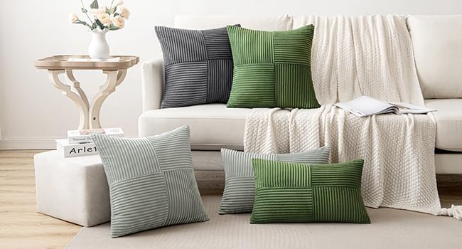 MIULEE Moss Green Decorative Throw Pillow Covers 18x18 Inch for Couch Bed Sofa Spring Decor Pack of 2 Boho Farmhouse Throw Pillows Soft Cross Corduroy Patchwork Textured Cushion Cases