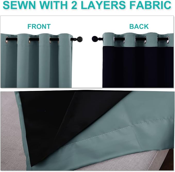 NICETOWN Greyish Green 100% Blackout Lined Curtains, 2 Thick Layers Completely Blackout Window Treatment Thermal Insulated Drapes for Kitchen/Bedroom (1 Pair, 62" Width x 63" Length per Panel)