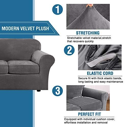 H.VERSAILTEX Real Velvet Plush 3 Piece Stretch Sofa Covers Couch Covers for 2 Cushion Couch Sofa Slipcovers Width Up to 90 Inch Feature Thick Soft Stay in Place (Large Sofa, Grey)