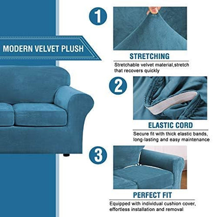 H.VERSAILTEX Velvet 4 Piece High Stretch Sofa Slipcover Cover Furniture Protector Form Fit Thick Velvet Extra Large Sofa Cover for 3 Cushion Couch Width Up to 105 Inch (XL Sofa, Peacock Blue)