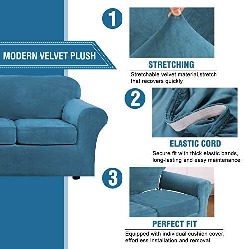 H.VERSAILTEX Real Velvet Plush 3 Piece Stretch Sofa Covers Couch Covers for 2 Cushion Couch Sofa Slipcovers Width Up to 90 Inch Feature Thick Soft Stay in Place (Large Sofa, Peacock Blue)
