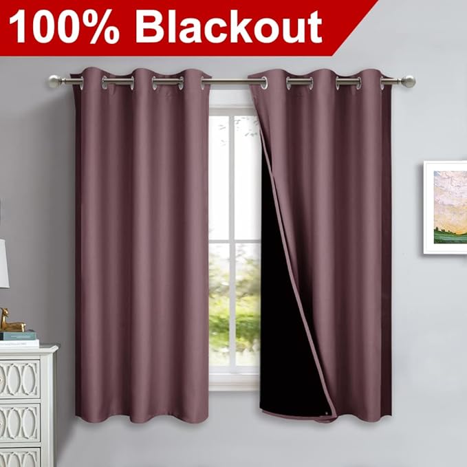NICETOWN 100% Blackout Short Curtains with Black Liners, 2 Panels, 37" W by 40" L, Dry Rose, Solid Thermal Insulated Full Blackout 2-Layer Lined Drapes, Energy Efficiency Window Draperies for Bedroom