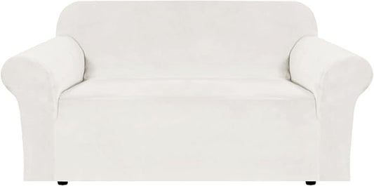 H.VERSAILTEX Stretch Velvet Loveseat Covers for 2 Cushion Couch Covers for Living Room Sofa Covers Slipcovers with Non Slip Straps Bottom, Ultra Thick Comfy Velour (Width 58"-72", Porcelain White)