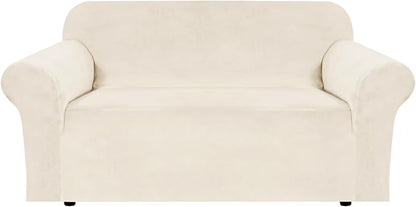 H.VERSAILTEX Stretch Velvet Loveseat Covers for 2 Cushion Couch Covers for Living Room Sofa Covers with Non Slip Straps Bottom, Ultra Thick Comfy Velour (Width 58"-72", Cream)