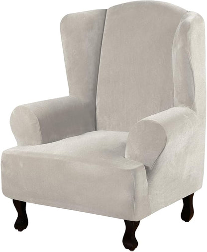 H.VERSAILTEX Wingback Chair Covers Velvet Plush Wing Chair Slipcover 1 Piece High Stretch Wing Back Chair Slipcovers Sofa Cover Furniture Cover with Elastic Bottom, Oatmeal