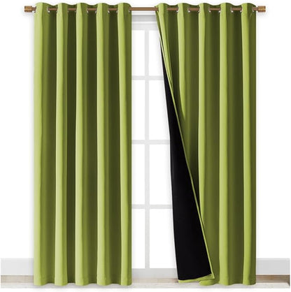 NICETOWN 100% Blackout Window Curtain Panels, Fresh Green, 2 PCs, 62" Wide Each Panel, Cold and Full Light Blocking Drapes with Black Liner for Nursery, 84 inches Drop Thermal Insulated Draperies