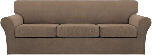 Turquoize 4 Piece Sofa Covers for 3 Cushion Couch Sofa Slipcover Soft Couch Cover for Dogs Washable Furniture Cover with 3 Individual Large Cushion Covers Feature Fabric (Large Sofa, Macchiato)