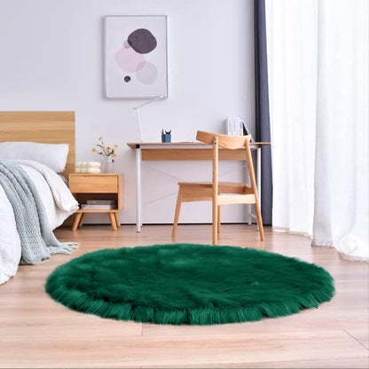 duduta Emerald Green Faux Sheepskin Round Rug 4x4 ft, Fluffy Shag Fur Bedroom Nursery Kids Playroom Circle Rug Dorm Decor Non Slip Washable