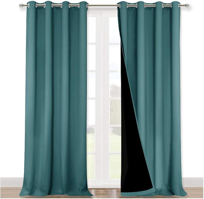 NICETOWN 100% Blackout Curtains for Windows, Pack of 2, Sea Teal, 52" W x 102" L, Super Heavy-Duty Black Lined Total Darkness Drapes for Bedroom, Privacy Assured Window Treatment for Patio