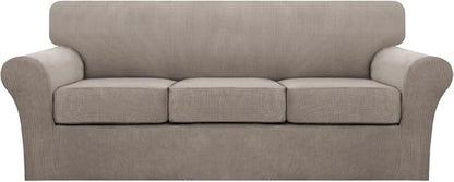 Turquoize 4 Piece Sofa Covers for 3 Cushion Couch Sofa Slipcover Soft Couch Cover for Dogs Washable Furniture Cover with 3 Individual Large Cushion Covers Feature Fabric (Large Sofa, Taupe)