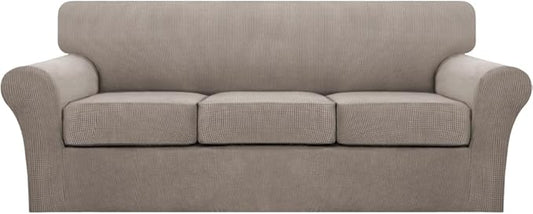 Turquoize 4 Piece Sofa Covers for 3 Cushion Couch Sofa Slipcover Soft Couch Cover for Dogs Washable Furniture Cover with 3 Individual Large Cushion Covers Feature Fabric (Large Sofa, Taupe)