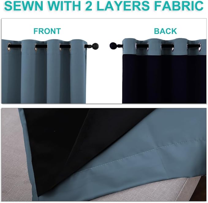 NICETOWN Full Shading Curtains 90 inches Long 2 Panels Set for Windows, Smoky Blue, Pack of 2, 52 inches W, Super Heavy-Duty Black Lined Blackout Curtains for Bedroom, Privacy Assured Window Treatment