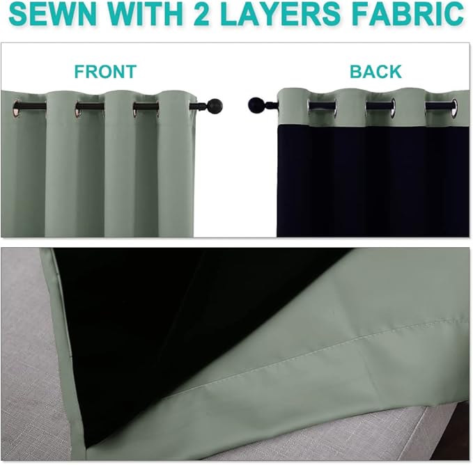 NICETOWN Greyish Green 100% Blackout Lined Curtains, 2 Thick Layers Completely Blackout Window Treatment Panels Thermal Insulated Drapes for Kitchen (1 Pair, 42" Width x 63" Length Each Panel)