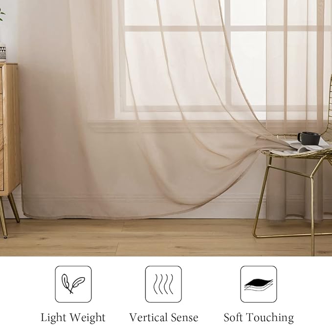 MIULEE 2 Panels Solid Color Sheer Window Curtains Elegant Window Voile Panels/Drapes/Treatment for Bedroom Living Room (54X54 Inches Brown)