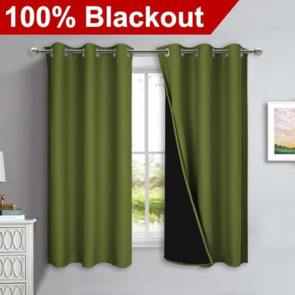 NICETOWN 100% Blackout Curtains 54" Long, Olive Green, 1 Pair, 42" Width Each Panel, Double-Deck Completely Blackout Window Treatment Thermal Insulated Lined Drapes for Small Window