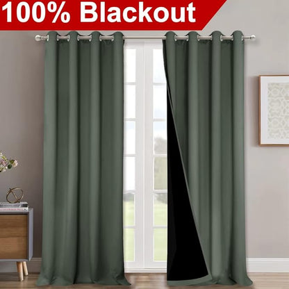 NICETOWN Dark Mallard 100% Blackout Curtains for Windows, Super Heavy-Duty Black Lined Total Darkness Drapes for Bedroom, Privacy Assured Window Treatment for Patio (2 PCs, 52 inches W x 108 inches L)