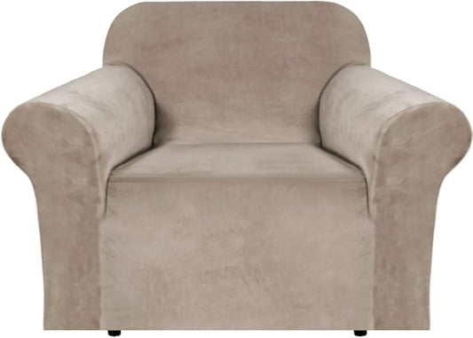 H.VERSAILTEX Stretch Velvet Armchair Cover Couch Covers 1 Cushion Chair Slipcover for Living Room Furniture Cover Crafted from Thick Comfy Rich Velour (Chair 31"-49", Taupe)