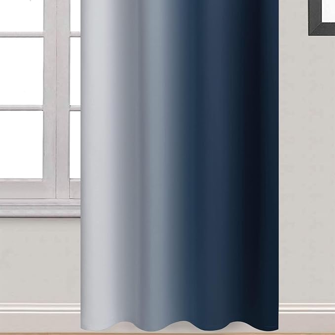 Yakamok Room Darkening Ombre Curtains 90 Inch Length, Navy Blue and Greyish White Thermal Insulated Gradient Color Curtains,Light Blocking Grommet Window Drapes for Bedroom,52 Inch Width,2 Panels