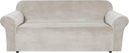H.VERSAILTEX Stretch Velvet Sofa Covers for 3 Cushion Couch Covers Furniture Protector Soft with Non Slip Elastic Bottom, Crafted from Thick Comfy Rich Velour (Large Sofa 90"-97", Oatmeal)