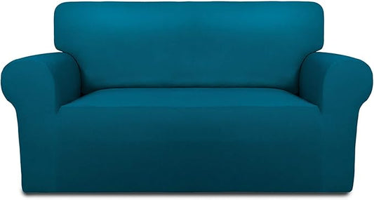 PureFit Super Stretch Sofa Slipcover – Spandex Non Slip Soft Couch Sofa Cover, Washable Furniture Protector with Non Skid Foam and Elastic Bottom for Kids, Pets （Loveseat, Peacock Blue）