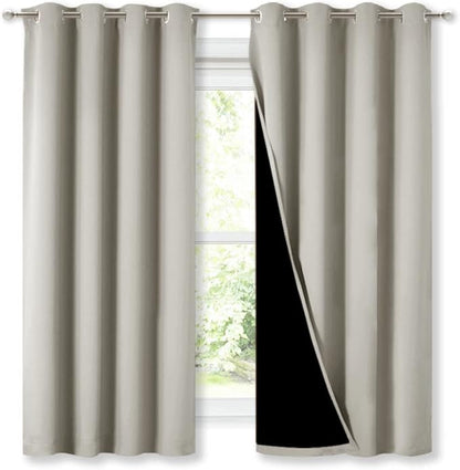 NICETOWN Extra Long Truly Blackout Drapes for Hall and Villa, 46-inch Width Each Panel, 45-inch Length, Natural, 2 Pieces, 100% Blackout Window Curtain Panels with Black Lined for Night Shift Worker