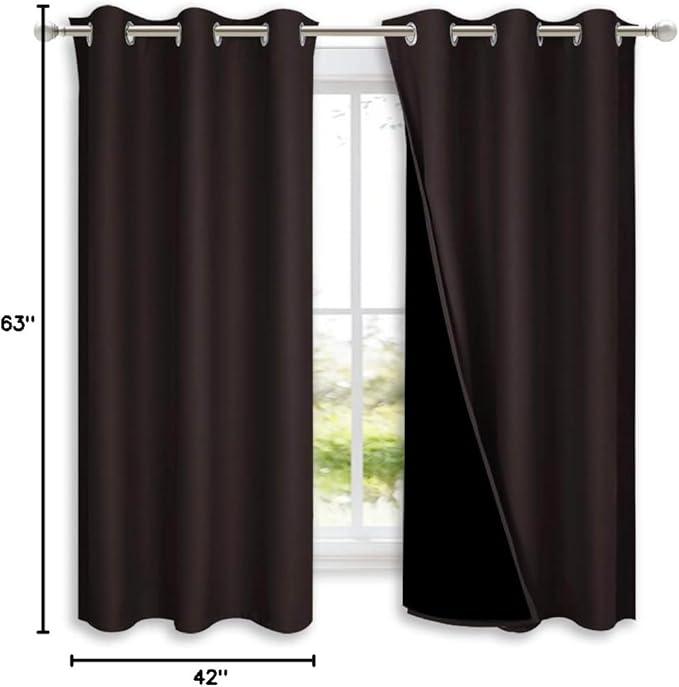 NICETOWN Complete 100% Blackout Curtains, Thermal Insulated & Energy Efficiency Window Draperies with Black Liner, Noise Reducing Short Curtains for Kids Room (Brown, 42-inch W by 63-inch L, 2 Panels)