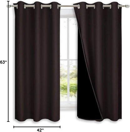NICETOWN Complete 100% Blackout Curtains, Thermal Insulated & Energy Efficiency Window Draperies with Black Liner, Noise Reducing Short Curtains for Kids Room (Brown, 42-inch W by 63-inch L, 2 Panels)