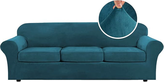 H.VERSAILTEX Velvet 4 Piece High Stretch Sofa Slipcover Cover Furniture Protector Form Fit Luxury Thick Velvet Extra Large Sofa Cover for 3 Cushion Couch Width Up to 105 Inch (XL Sofa, Deep Teal)