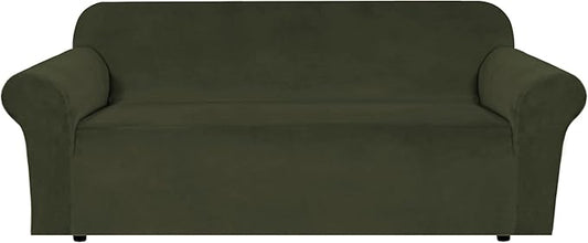 H.VERSAILTEX Stretch Velvet Sofa Covers for 3 Cushion Couch Covers Furniture Protector Soft with Non Slip Elastic Bottom, Crafted from Thick Comfy Rich Velour (Large Sofa 90"-97", Olive)