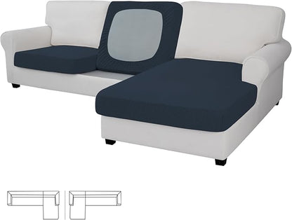 Easy-Going Stretch 3 Pieces Couch Cushion Covers for Sectional Sofa Left/Right L Shape Chaise Lounge Sofa Seat slipcover Anti-Slip Sofa Cover Soft (2 Seater + 1 Chaise, Dark Blue)