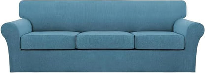 Turquoize 4 Piece Sofa Covers for 3 Cushion Couch Sofa Slipcover Soft Couch Cover for Dogs Washable Furniture Cover with 3 Individual Large Cushion Covers Feature Fabric (Large Sofa, Storm Blue)