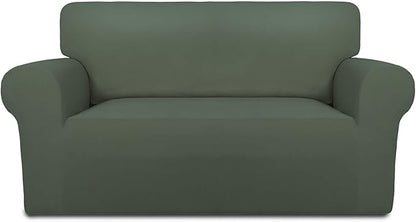 PureFit Super Stretch Sofa Slipcover – Spandex Non Slip Soft Couch Sofa Cover, Washable Furniture Protector with Non Skid Foam and Elastic Bottom for Kids, Pets （Loveseat, Grayish Green）