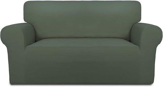 PureFit Super Stretch Sofa Slipcover – Spandex Non Slip Soft Couch Sofa Cover, Washable Furniture Protector with Non Skid Foam and Elastic Bottom for Kids, Pets （Loveseat, Grayish Green）