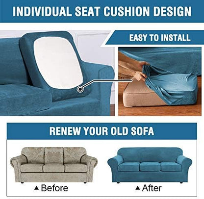 H.VERSAILTEX Rich Velvet Stretch 2 Piece Chair Cover Chair Slipcover Sofa Cover Furniture Protector Couch Soft with Elastic Bottom Chair Couch Cover with Arms Width Up to 49 Inch(Chair,Peacock Blue)
