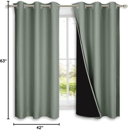 NICETOWN Greyish Green 100% Blackout Lined Curtains, 2 Thick Layers Completely Blackout Window Treatment Panels Thermal Insulated Drapes for Kitchen (1 Pair, 42" Width x 63" Length Each Panel)