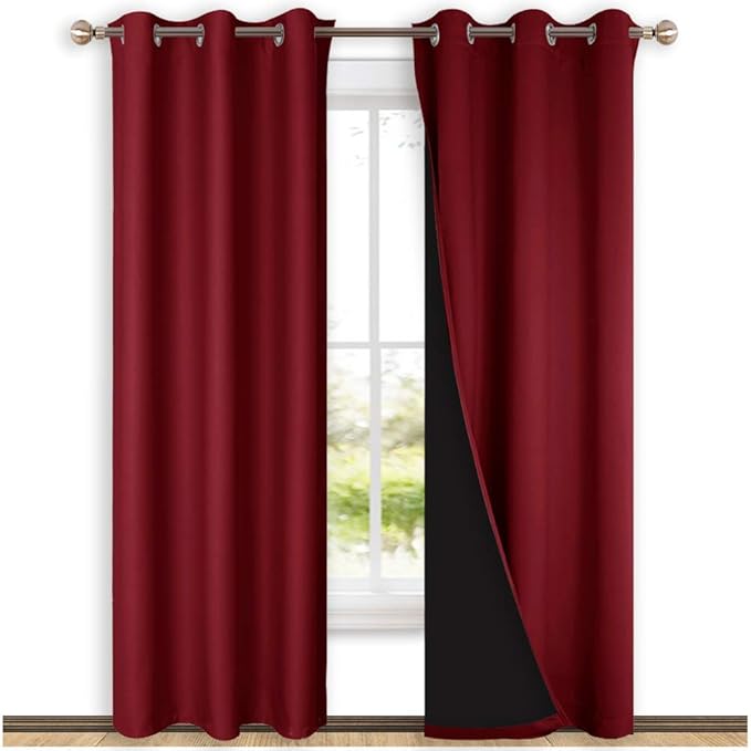 NICETOWN Burgundy Red Full Shade Curtain Panels, 37" Wide x 84" Long, Pair of Thermal Insulated & Energy Efficiency Blackout Drapes for Living Room Windows, Lined Silky Performance Window Dressing
