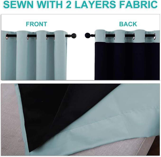 NICETOWN 100% Blackout Lined Curtains, Sky Blue, 1 Pair, 42" Width x 63" Length Each Panel, 2 Thick Layers Completely Blackout Window Treatment Panels Thermal Insulated Drapes for Kitchen