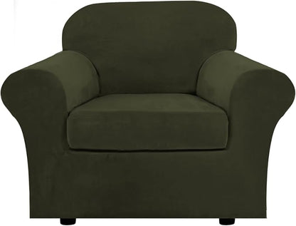 H.VERSAILTEX Rich Velvet Stretch 2 Piece Cover Chair Slipcover Sofa Cover Furniture Protector Couch Soft with Elastic Bottom Chair Couch Cover Width Up to 49 Inch (Chair, Olive)