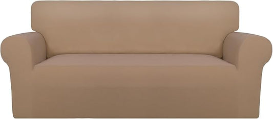 PureFit Super Stretch Sofa Slipcover – Spandex Non Slip Soft Couch Sofa Cover, Washable Furniture Protector with Non Skid Foam and Elastic Bottom for Kids, Pets (Oversized Loveseat, Camel)