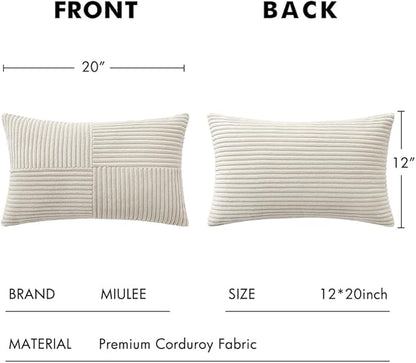 MIULEE Beige Decorative Lumbar Throw Pillow Covers 12x20 Inch for Couch Bed Sofa Pack of 2 Boho Neutral Farmhouse Throw Pillows Soft Cross Corduroy Patchwork Textured Cushion Cases