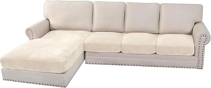 H.VERSAILTEX Velvet Stretch Sectional Couch Covers 4 Pieces Sofa Seat Cushion Covers L Shape Separate Couch Cover for Both Left/Right Sectional Couch (Large Sofa 3 Seater + 1 Chaise, Cream)